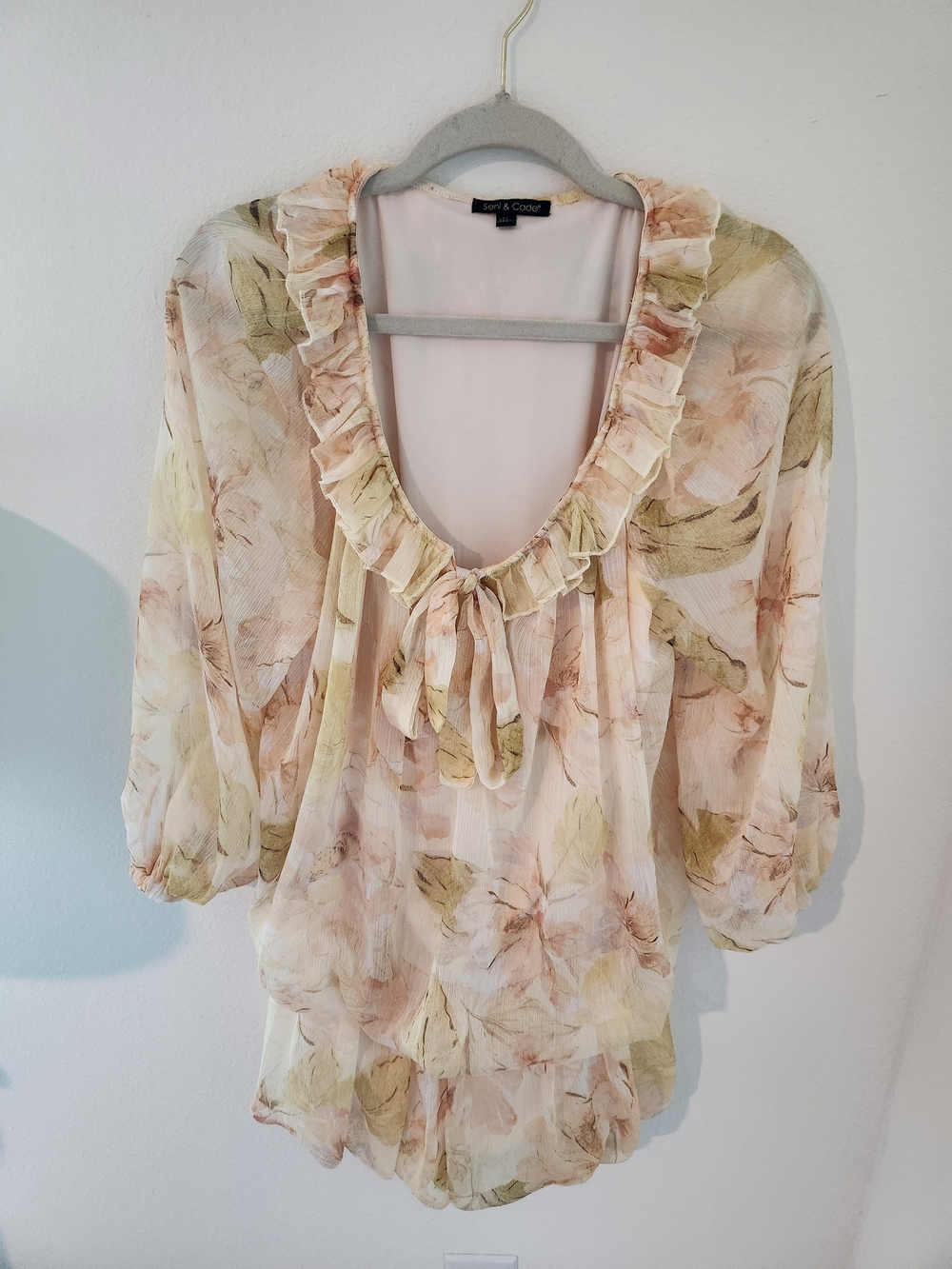 Semi-Sheer Floral Ruffle Tie-Neck Blouse Or Mini Dress - Cream & Pink